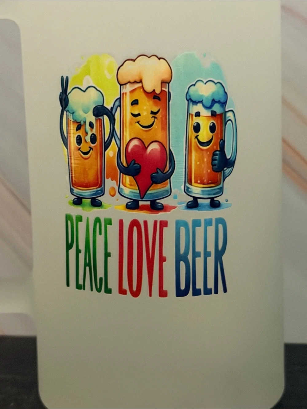 Peace Love Beer Frosted Beer Mug - Colorful Cartoon Design